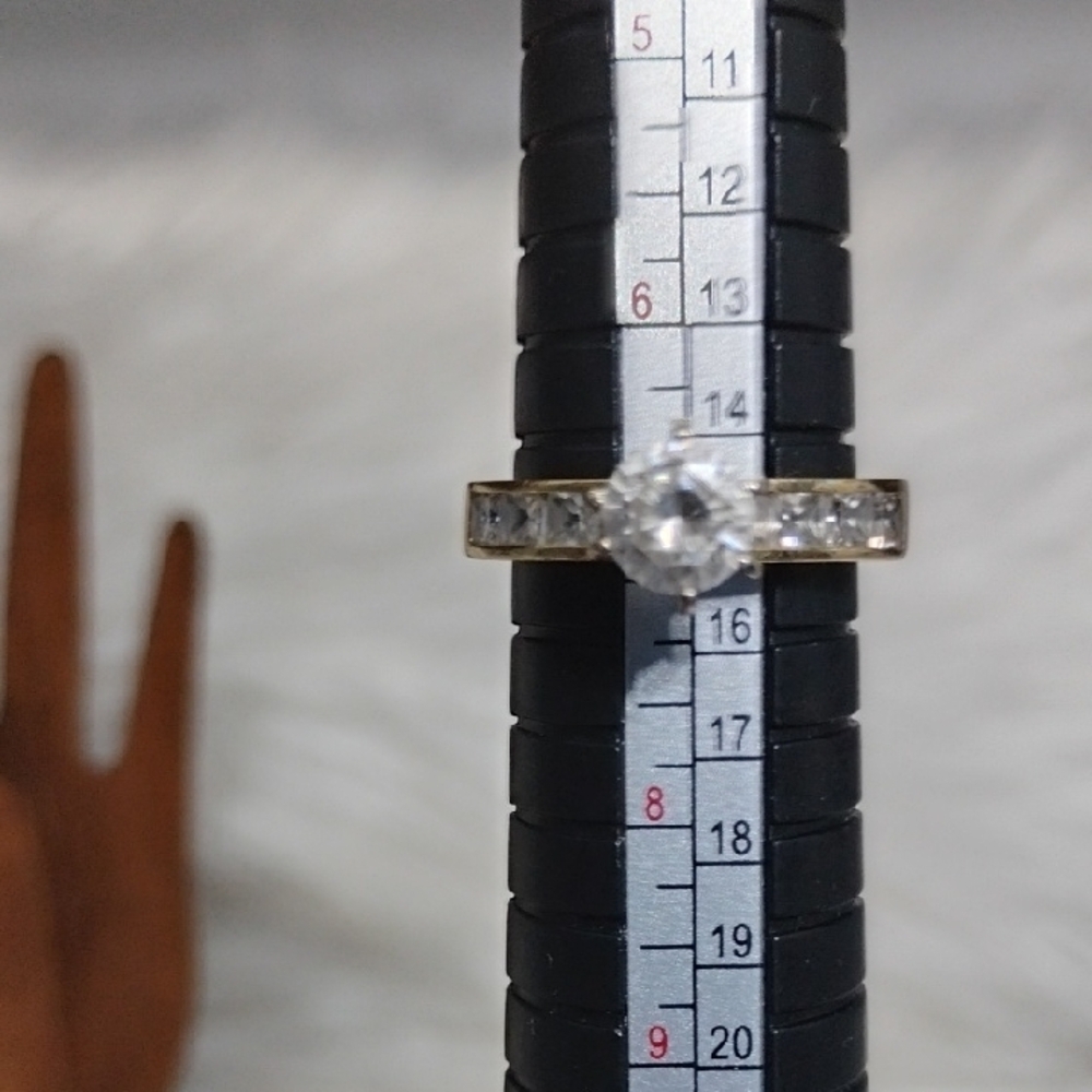 10k Yellow Solid Gold Ring W Clear Round Center & Baguette Accent Crystal Stones - Picture 7 of 15